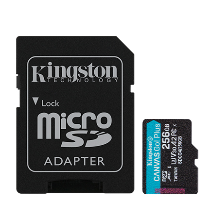 000000000041721004965417210-5 MicroSD KINGSTON 256GB c/Adap Canvas GO! Plus Gen4 (4K Camara-Drones)(7999)